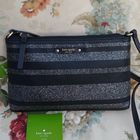 Kate Spade Haven Lane Ramey Leather Black Glitter Stripe Crossbody Bag NWT - Picture 14 of 15